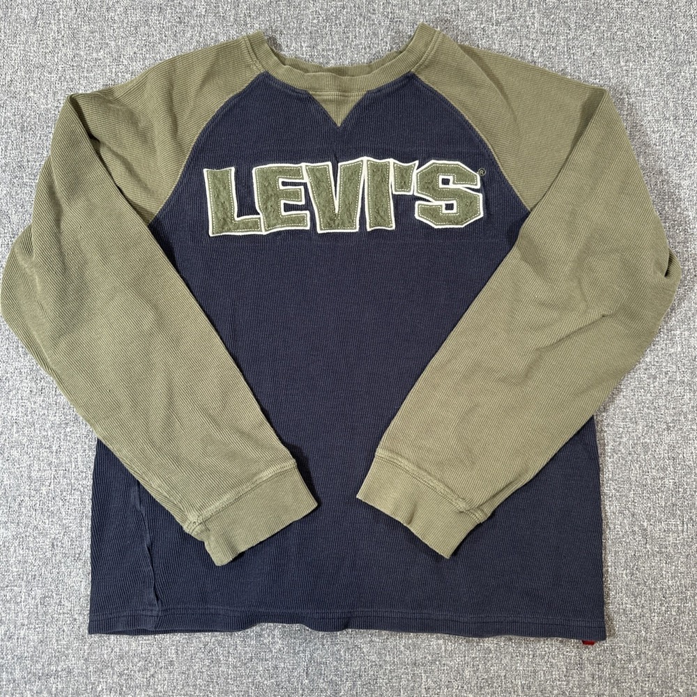 Levi's Thermal Knit Long Sleeve Shirt Blue Green Raglan Youth M 12/14
